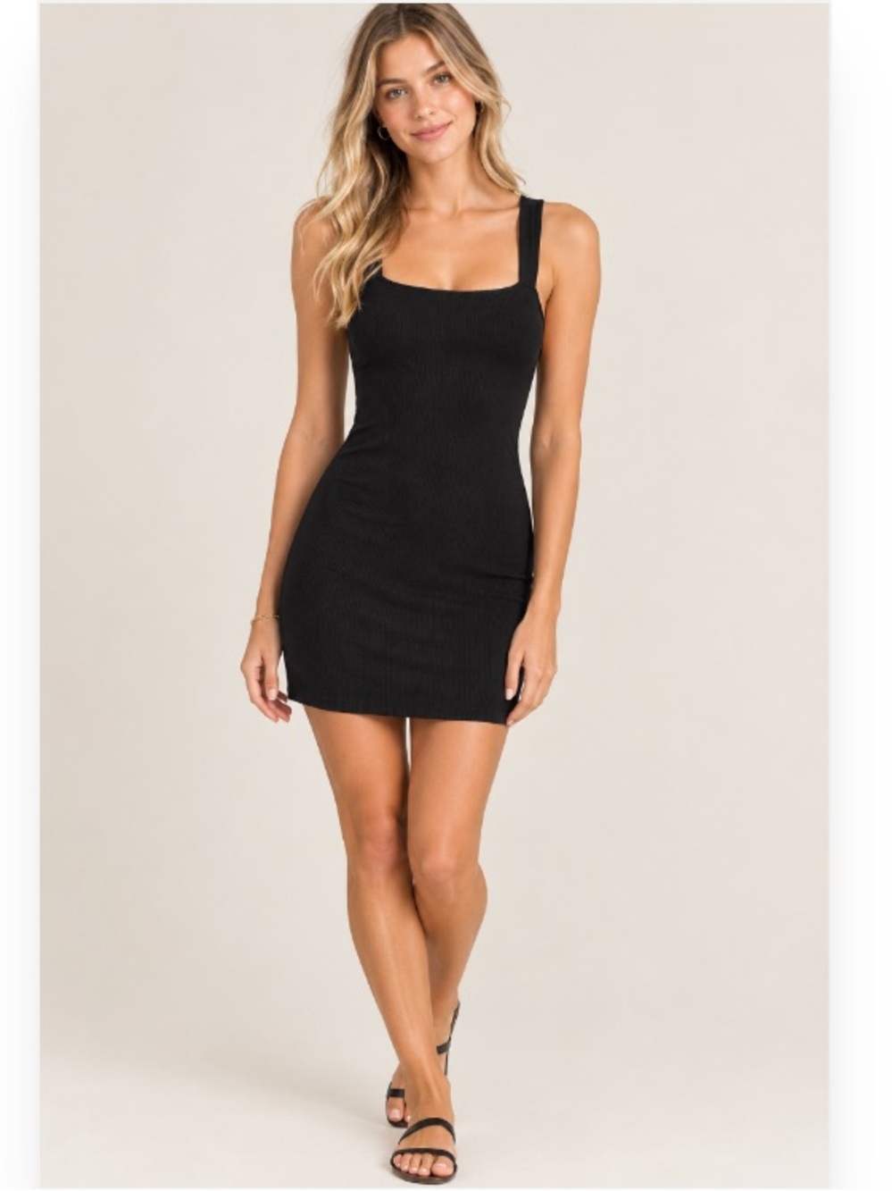 Black Square-Neck Ribbed Mini Dress - Large